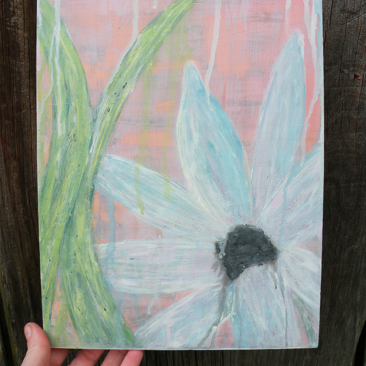 Drippy Floral Painting on Wood