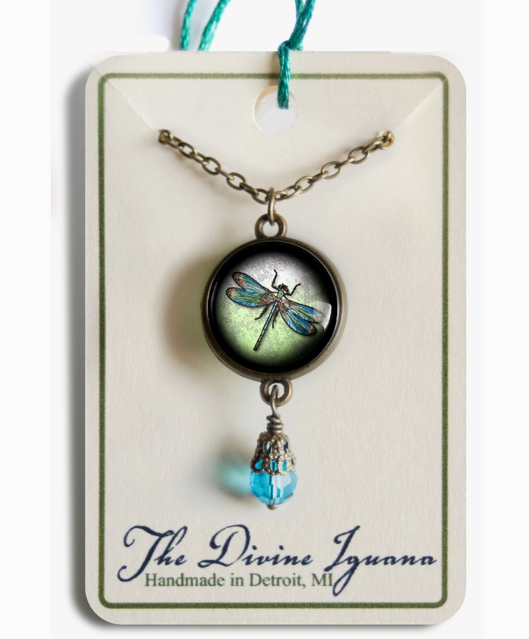 Dragonfly Vintage Inspired Glass Cabochon Necklace W/Bead