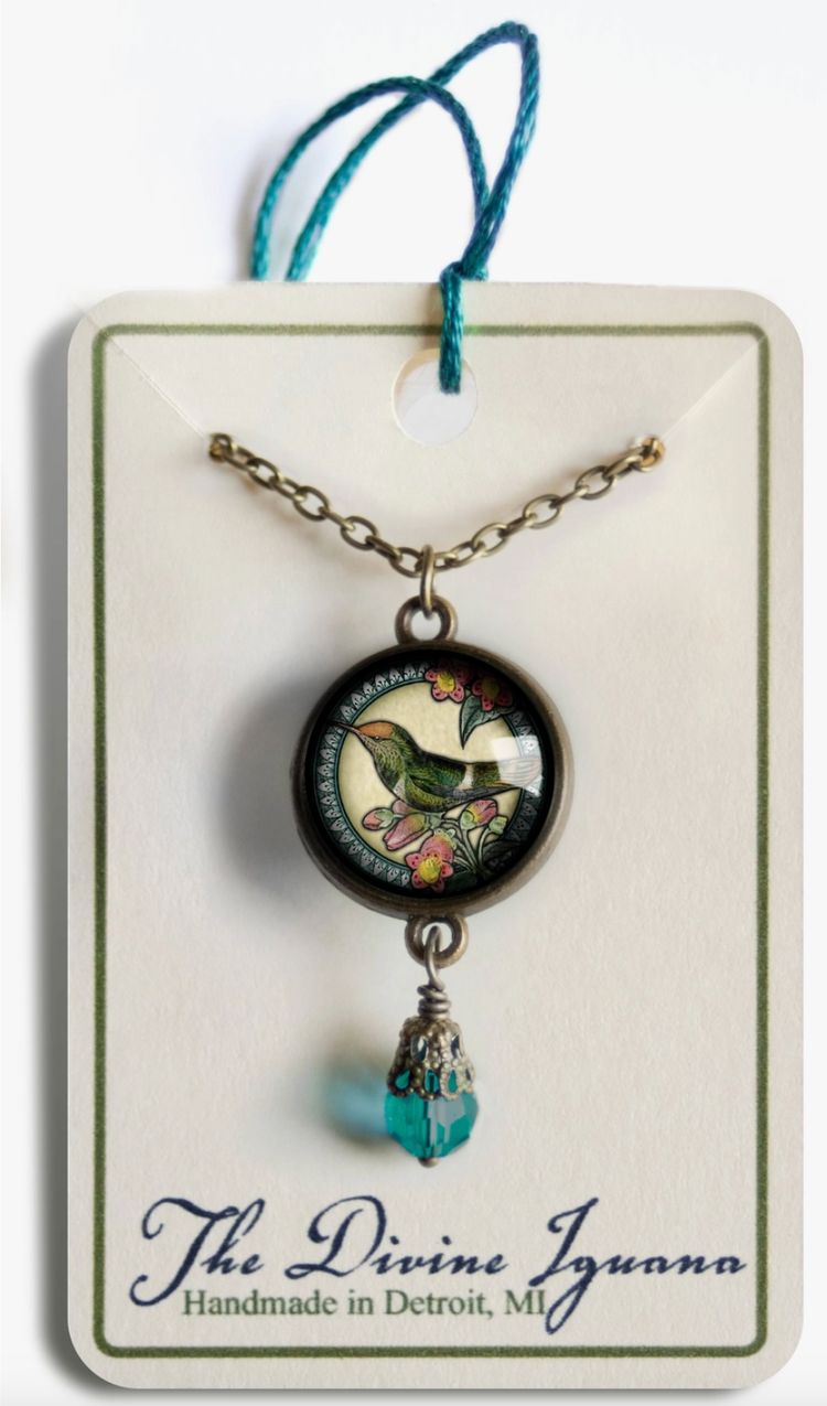 Hummingbird Vintage Inspired Glass Cabochon Necklace w/ Bead