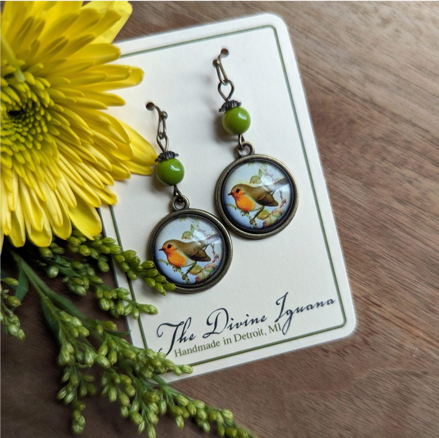 Spring Robin Bird Vintage Inspired Glass Cabochon Earrings